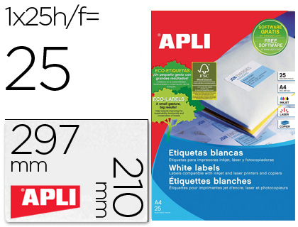 APLI - ETIQUETA ADHESIVA TAMAÑO 210X297 MM PARA FOTOCOPIADORA LASER INK-JET CAJA CON 25 HOJAS CON 25 (Ref.1215)
