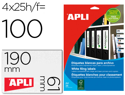 APLI - ETIQUETA ADHESIVA TAMAÑO 190X61 MM PARA FOTOCOPIADORA LASER INK-JET CAJA 25 HOJAS CON 100 (Ref.1233)
