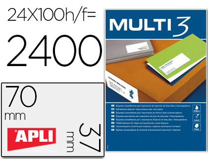 APLI - ETIQUETA ADHESIVA MULTI 3 70X37 MM FOTOCOPIADORA LASER INK-JET CAJA CON 100 HOJAS DIN A4 (Ref.4704)