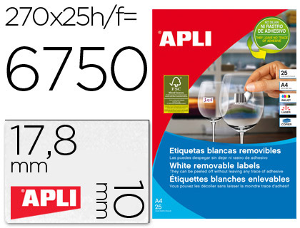 APLI - ETIQUETA ADHESIVAS TAMAÑO 17,8X10 MM REMOVIBLE PARA FOTOCOPIADORA LASER INK-JET CAJA 25 HOJAS CON (Ref.10197)