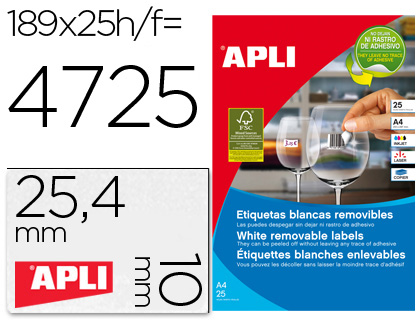 APLI - ETIQUETA ADHESIVAS TAMAÑO 25,4X10 MM REMOVIBLE PARA FOTOCOPIADORA LASER INK-JET CAJA 25 HOJAS CON (Ref.10198)