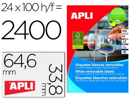 APLI - ETIQUETA ADHESIVAS TAMAÑO 64,6 X 33,8 MM PARA FOTOCOPIADORA LASER INK-JET CAJA CON 100 HOJAS A-4 REMOVI. (Ref.3056)