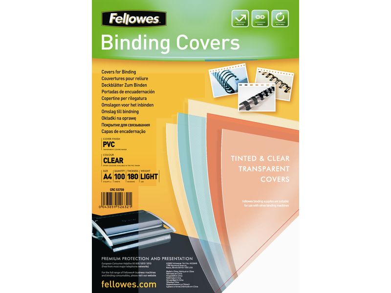FELLOWES - Pack DE 100 PORTADAS PVC TRANSPARENTE CRISTAL A4 150 MICRAS (Ref.5376001)