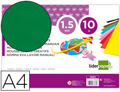 LIDERPAPEL - GOMA EVA DIN A4 60G/M2 ESPESOR 1,5MM VERDE PAQUETE DE 10 HOJAS (Ref.GE84)