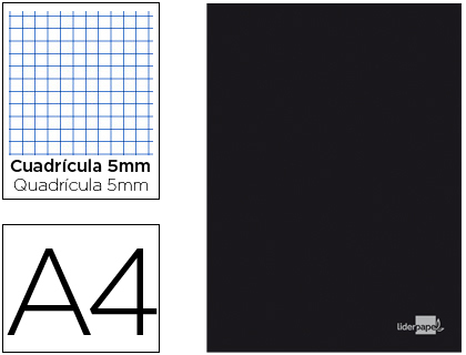 LIDERPAPEL - LIBRETA TAPA NEGRA A4 80 HOJAS 60G/M2 CUADRO 5MM CON DOBLE MARGEN (Ref.LA14)