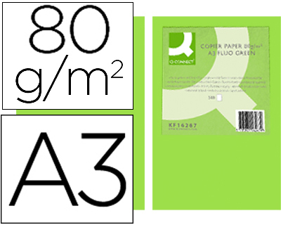 Q-CONNECT - PAPEL COLOR DIN A3 80GR VERDE NEON PAQUETE DE 500 HOJAS (Ref.KF18016)
