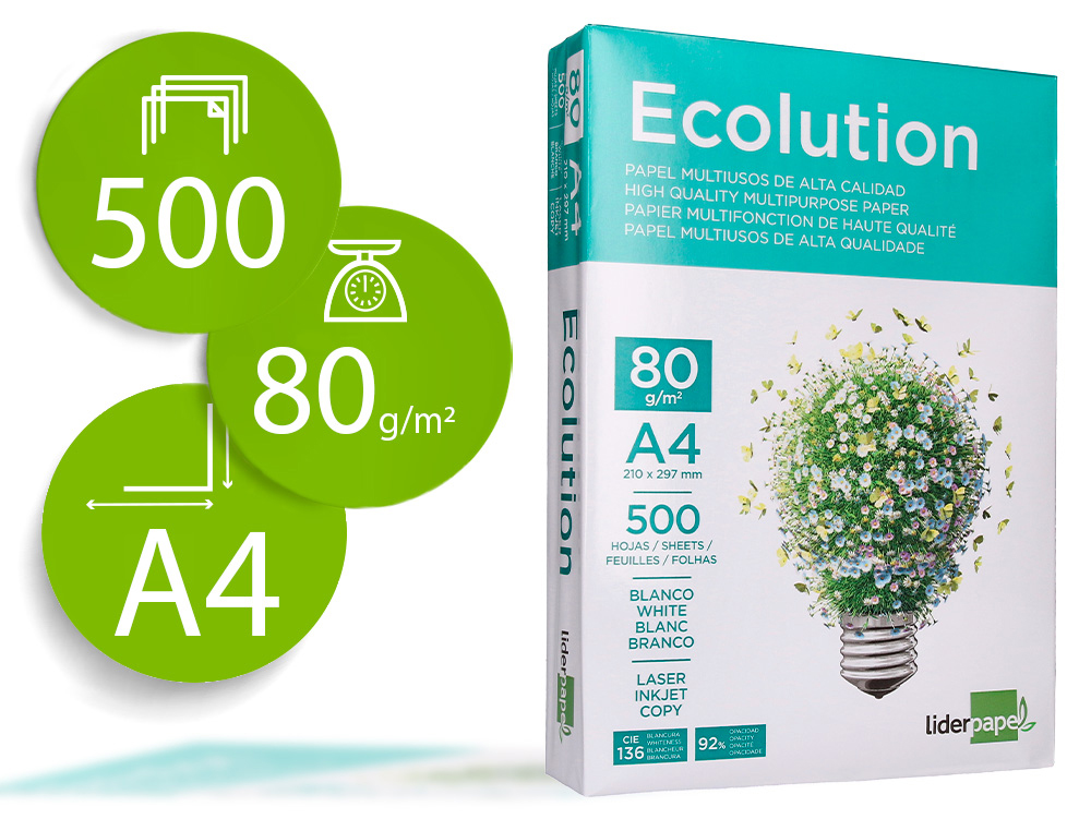 LIDERPAPEL - PAPEL FOTOCOPIADORA ECOLUTION - DIN A4 - 80g - PAQUETE 500 HOJAS (Ref.FT02)