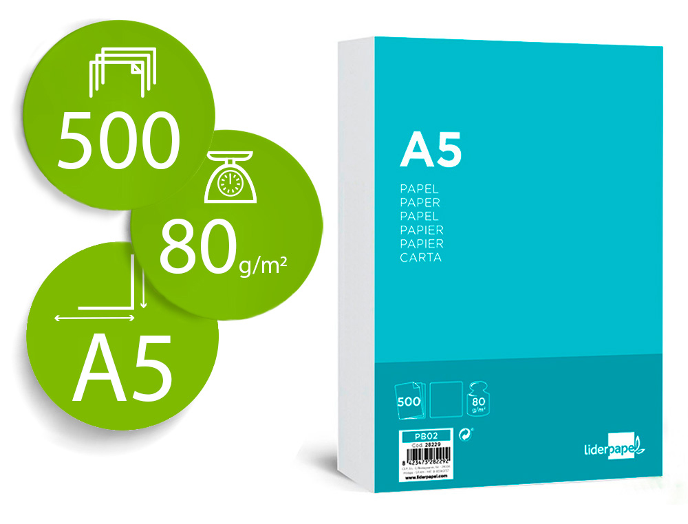 LIDERPAPEL - PAPEL A5 80G/M2 PAQUETE DE 500 BLANCO (Ref.PB02)