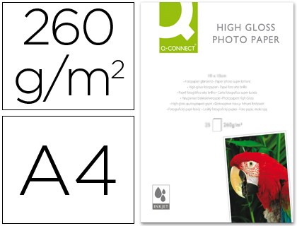 Q-CONNECT - PAPEL FOTO GLOSSY DIN A4 ALTA CALIDAD DIGITAL PHOTO -PARA INK-JET BOLSA DE 20 HOJAS DE 260 GR (Ref.KF02163)