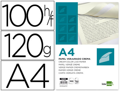 LIDERPAPEL - PAPEL VERJURADO A4 120G/M2 CREMA PAQUETE DE 100 (Ref.VJ03)