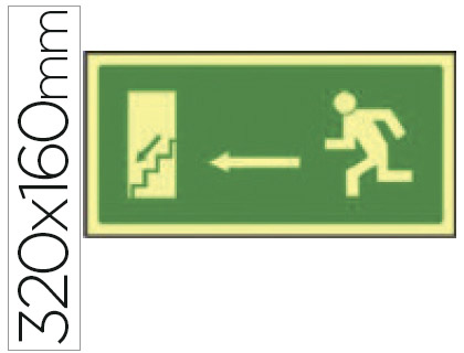 SYSSA - PICTOGRAMA SEÑAL DE SALIDA EMERGENCIA IZQUIERDA ESCALERA BAJANDO EN PVC FOTOLUMINISCENTE 320X160 MM (Ref.9018F)