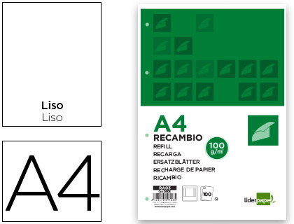 LIDERPAPEL - RECAMBIO A4 100 HOJAS 100G/M2 LISO CON MARGEN 4 TALADROS (Ref.RA03)