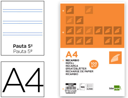 LIDERPAPEL - RECAMBIO A4 100 HOJAS 100G/M2 PAUTA 5ª 2.5MM CON MARGEN 4 TALADROS (Ref.RA07)