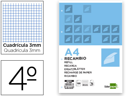 LIDERPAPEL - RECAMBIO CUARTO 100 HOJAS 60G/M2 CUADRO 3MM CON MARGEN 6 TALADROS (Ref.RC05)