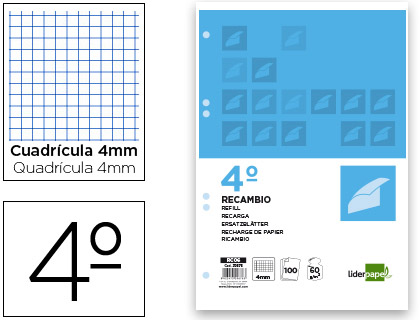 LIDERPAPEL - RECAMBIO CUARTO 100 HOJAS 60G/M2 CUADRO 4MM CON MARGEN 6 TALADROS (Ref.RC06)