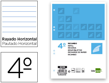 LIDERPAPEL - RECAMBIO CUARTO 100 HOJAS 60G/M2 HORIZONTAL CON MARGEN 6 TALADROS (Ref.RC09)