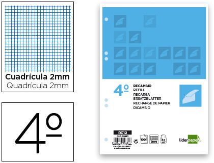 LIDERPAPEL - RECAMBIO CUARTO 100 HOJAS 60G/M2 MILIMETRADO SIN MARGEN 6 TALADROS (Ref.RC12)