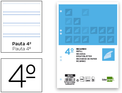 LIDERPAPEL - RECAMBIO CUARTO 100 HOJAS 60G/M2 PAUTA 4ª 3.5MM CON MARGEN 6 TALADROS (Ref.RC10)
