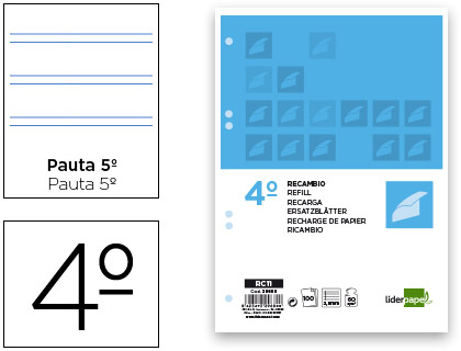 LIDERPAPEL - RECAMBIO CUARTO 100 HOJAS 60G/M2 PAUTA 5ª 2.5MM CON MARGEN 6 TALADROS (Ref.RC11)