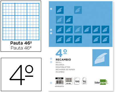 LIDERPAPEL - RECAMBIO CUARTO 100 HOJAS 60G/M2 RAYADO Nº 46 6 TALADROS (Ref.RC19)