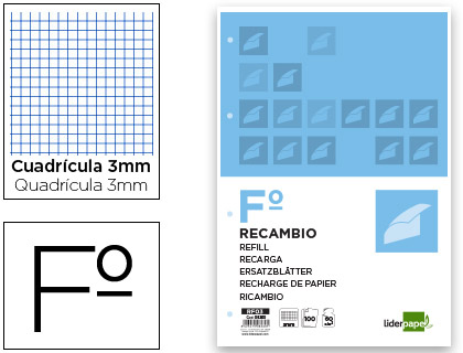 LIDERPAPEL - RECAMBIO FOLIO 100 H 4TF-06 CUADRO 3 MM 4 TALADROS CON MARGEN (Ref.RF03)