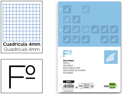 LIDERPAPEL - RECAMBIO FOLIO 100 HOJAS 60G/M2CUADRO 4MM CON MARGEN 4 TALADROS (Ref.RF01)