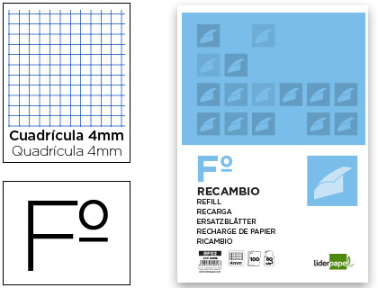 LIDERPAPEL - RECAMBIO FOLIO 100 HOJAS 60G/M2CUADRO 4MM CON MARGEN SIN TALADROS (Ref.RF02)
