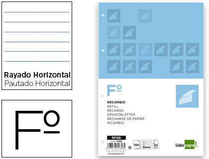LIDERPAPEL - RECAMBIO FOLIO 100 HOJAS 60G/M2HORIZONTAL CON MARGEN 4 TALADROS (Ref.RF06)