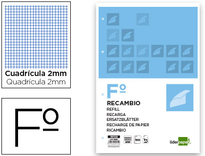 LIDERPAPEL - RECAMBIO FOLIO 100 HOJAS 60G/M2MILIMETRADO SIN MARGEN 4 TALADROS (Ref.RF09)