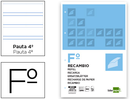 LIDERPAPEL - RECAMBIO FOLIO 100 HOJAS 60G/M2PAUTA 4ª 3.5MM CON MARGEN 4 TALADROS (Ref.RF07)