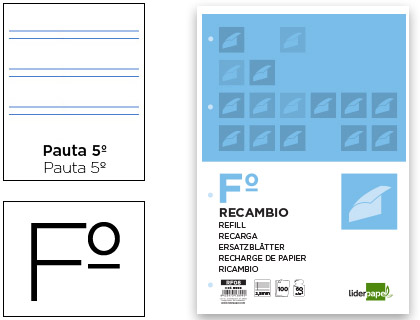 LIDERPAPEL - RECAMBIO FOLIO 100 HOJAS 60G/M2PAUTA 5ª 2.5MM CON MARGEN 4 TALADROS (Ref.RF08)