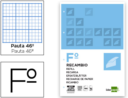 LIDERPAPEL - RECAMBIO FOLIO 100 HOJAS 60G/M2RAYADO Nº46 4 TALADROS (Ref.RF22)