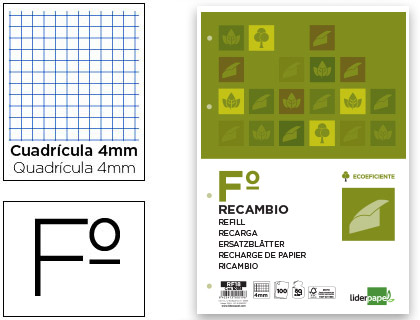 LIDERPAPEL - RECAMBIO FOLIO 100 HOJAS 80G/M2 CUADRO 4MM CON MARGEN 4 TALADROS (Ref.RF18)