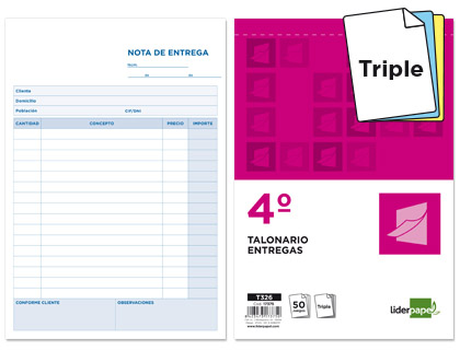 LIDERPAPEL - TALONARIO ENTREGAS CUARTO ORIGINAL Y 2 COPIAS (Ref.T326)