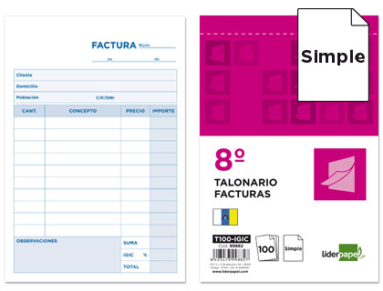 LIDERPAPEL - TALONARIO FACTURAS 8º ORIGINAL T100 CON I.G.I.C. (Ref.T100 IGIC)