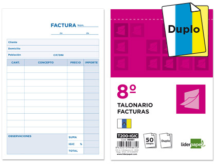 LIDERPAPEL - TALONARIO FACTURAS 8º ORIGINAL Y COPIA T200 CON I.G.I.C (Ref.T200)
