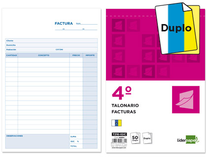 LIDERPAPEL - TALONARIO FACTURAS CUARTO ORIGINAL Y COPIA T216 CON I.G.I.C. (Ref.T216 IGIC)