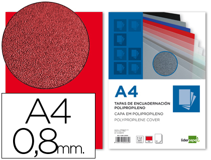 LIDERPAPEL - TAPA ENCUADERNACION POLIPROPILENO A4 0.8MM ROJA PAQUETE DE 50 UNIDADES (Ref.TE13)