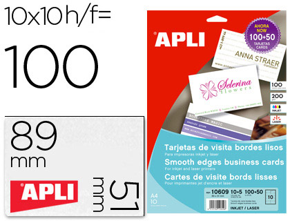 APLI - TARJETA DE VISITA 185 GR ACABADO MATE 89X51 MM IMPRESORA INK-JET Y LASER CAJA CON 100 (Ref.10609)