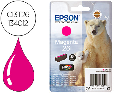 EPSON - cartucho inkjet magenta CLARIA PREMIUM 26 300P XP-5XX/6XX/7XX/8XX (Ref.C13T26134012)