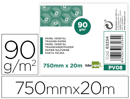 LIDERPAPEL - PAPEL DIBUJO 750MMX20M 90G/M2 VEGETAL ROLLO (Ref.PV08)