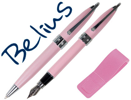 BELIUS - JUEGO DE BOLIGRAFO Y PLUMA BRENA ROSA LACADO CON CRISTAL EN LA ANILLA CENTRAL EN ESTUCHE (Ref.BB176)