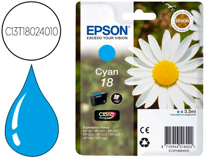 EPSON - Cartuchos ORIGINALES Inyección De Tinta T18 CYAN EXPRESSION HOME XP-102 XP-205 XP-305 XP-405 CAPACIDAD 180 PAG (Ref.C13T18024010)