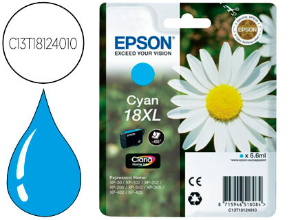 EPSON - Cartuchos ORIGINALES Inyección De Tinta T18XL CYAN EXPRESSION HOME XP-102 XP-205 XP-305 XP-405 CAPACIDAD 470 PAG (Ref.C13T18124010)