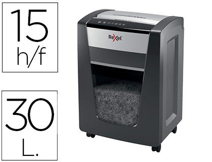 REXEL - DESTRUCTORA DE DOCUMENTOS MOMENTUM M515 CAPACIDAD DE CORTE 15 HOJAS DESTRUYE GRAPAS Y CLIPS PAPELERA 30 L (Ref.2104577EU)