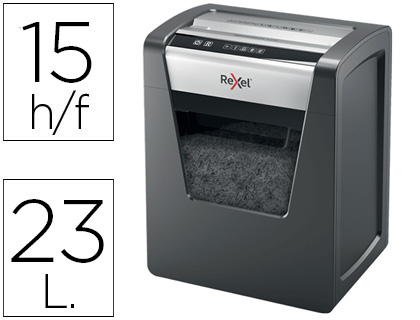 REXEL - DESTRUCTORA DE DOCUMENTOS MOMENTUM X415 CAPACIDAD DE CORTE 15 HOJAS DESTRUYE GRAPAS Y CLIPS PAPELERA 23 L (Ref.2104576EU)