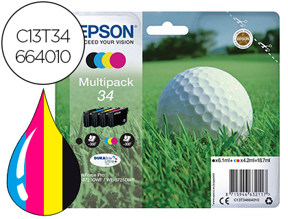 EPSON - INK-JET 34 WORKFORCE PRO WF-3720 / WF-3720DWF / WF-3725DWF PACK NEGRO AMARILLO CIAN Y MAGENTA 300 (Ref.C13T34664010)
