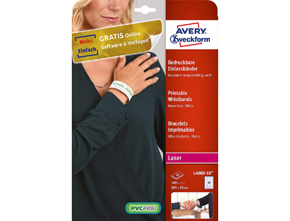 AVERY - PULSERA IDENTIFICATIVA POLIETILENO BLANCA IMPRIMIBLE LASER 265X18 MM PACK DE 50 UNIDADES (Ref.L4000-5)