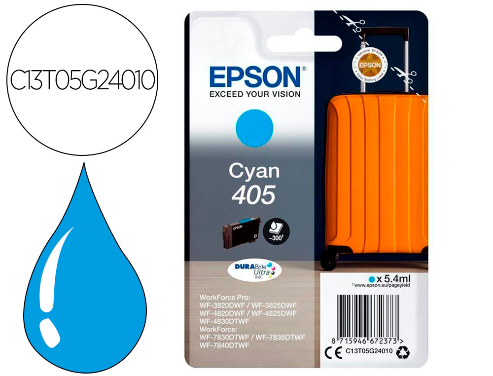 EPSON - Cartucho de inyección de tinta 405 wf-3820dwf / wf-4820dwf / wf-7830dtwf / wf-7840dtwf cian (Ref. C13T05G24010)