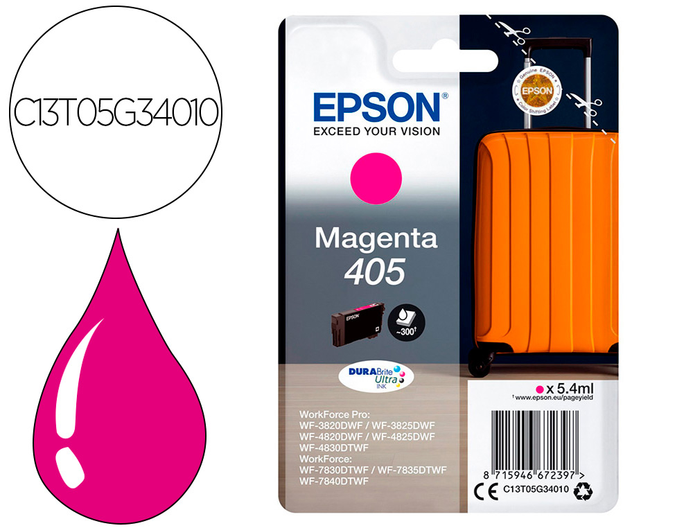 EPSON - Cartucho de inyección de tinta 405 wf-3820dwf / wf-4820dwf / wf-7830dtwf / wf-7840dtwf magenta (Ref. C13T05G34010)